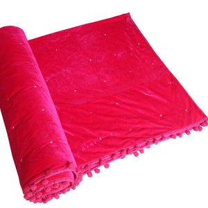 Fuchsia Velvet Quilt, Pom Pom quilt, Velvet Comforter, Fuchsia Bedding, Fuchsia starry Quilt, Velvet Blanket, King Quilt, Valentine&#39;s Gift