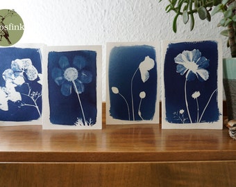 Set of 4 Postcards Cards Flowers Hydrangea Poppy Cosmea Jewelry Basket Garden Cyanotype Blue Print