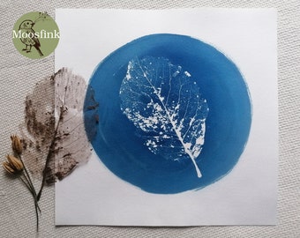 Hortensien Blattskelett Struktur, 30 cm x 30 cm Cyanotypie Original Blaudruck