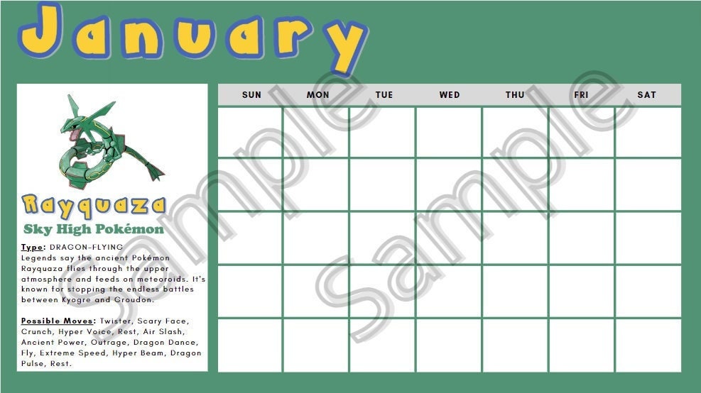 Printable Pokemon Calendar | Printable Kids Calendar | Pikachu | PDF ...
