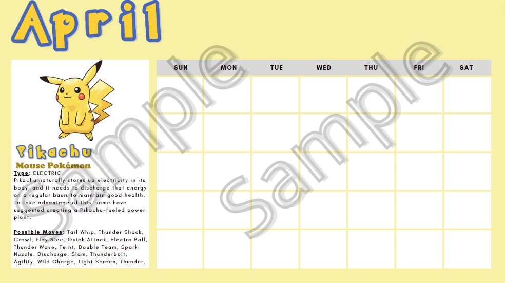 Printable Pokemon Calendar | Printable Kids Calendar | Pikachu | PDF ...