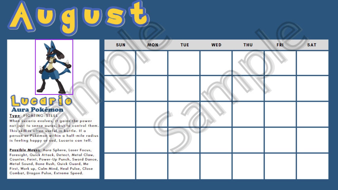 Printable Pokemon Calendar Printable Kids Calendar Pikachu PDF Calendar