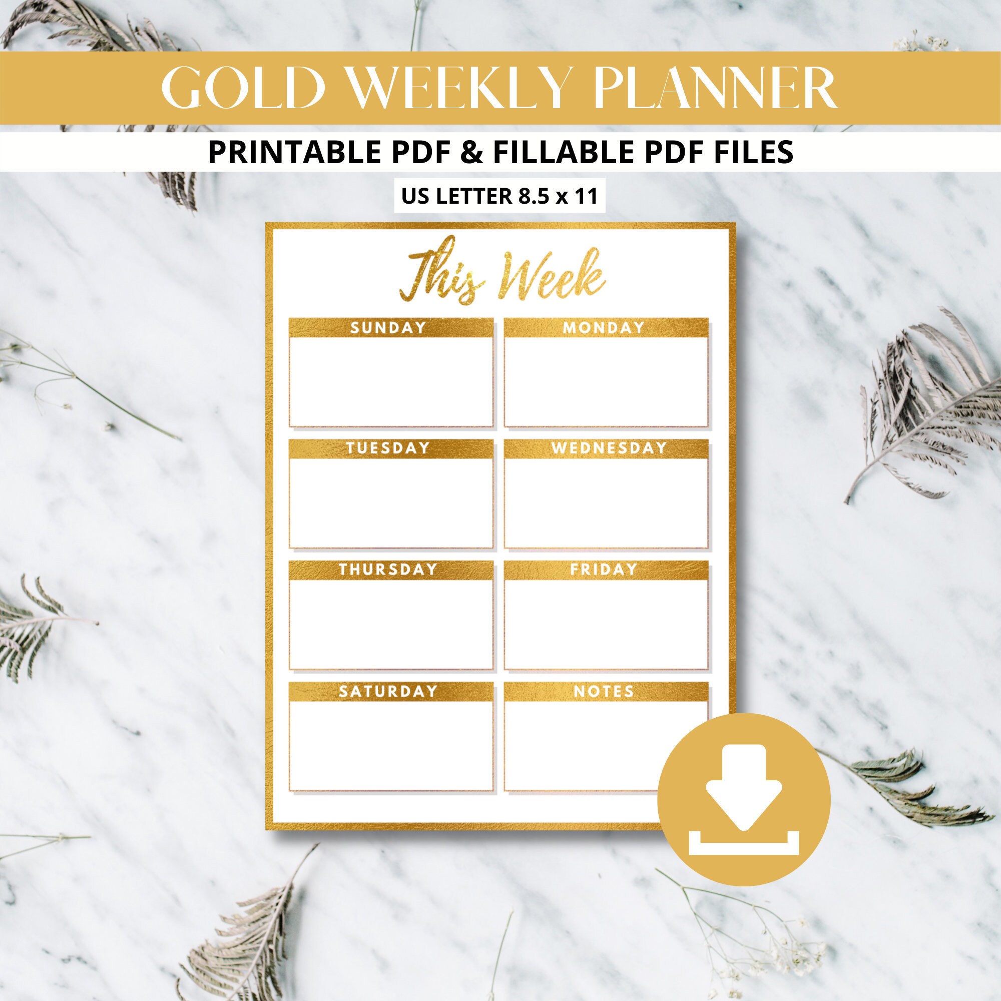 FILLABLE Weekly Planner Printable in Gold Weekly Planner Etsy