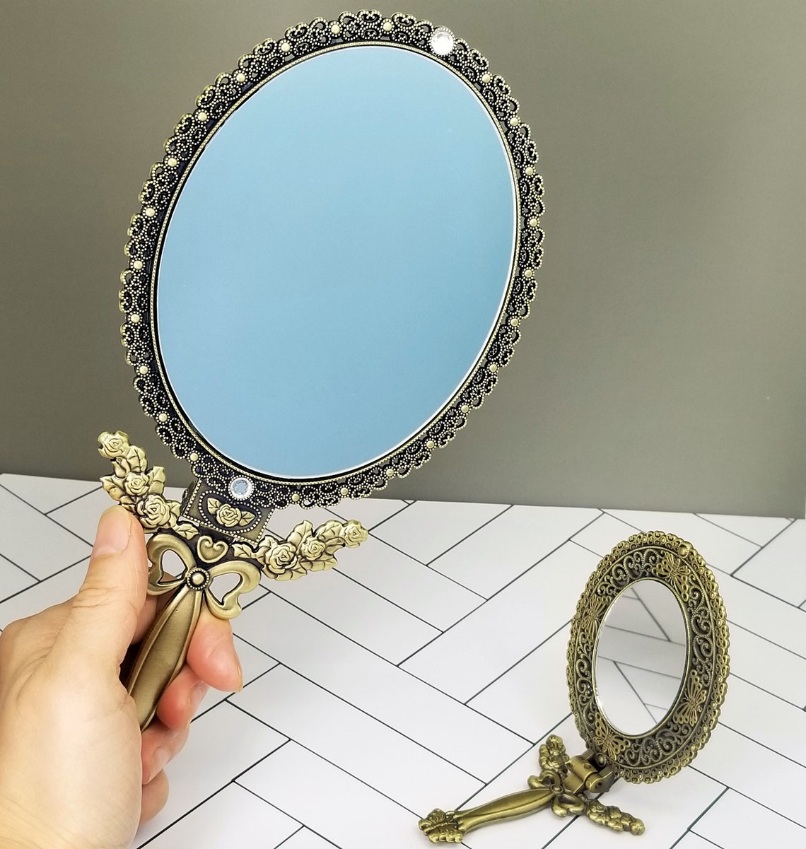 Antique Decorative Metal Handheld Portable Cosmetic Mirror Etsy