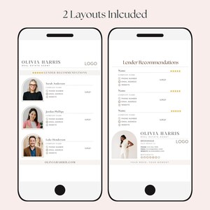 Op de afbeelding: Twee smartphoneschermen met sjablonen voor makelaars. E&eacute;n toont aanbevelingen van kredietverstrekkers met foto's en contactgegevens. De andere heeft een vergelijkbare lay-out met een ander ontwerp en de tekst "Olivia Harris Real Estate Agent".