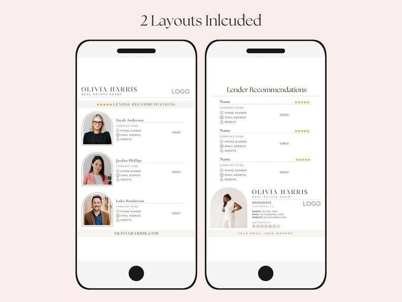 Op de afbeelding: Twee smartphoneschermen met sjablonen voor makelaars. E&eacute;n toont aanbevelingen van kredietverstrekkers met foto's en contactgegevens. De andere heeft een vergelijkbare lay-out met een ander ontwerp en de tekst "Olivia Harris Real Estate Agent".