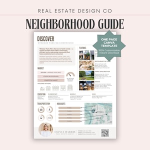 以下が含まれることがあります： 「Neighborhood Guide」と「Real Estate Design Co.」のテキストが入った、近隣ガイドのテンプレート。ガイドには、「Discover」、「Market」、「Education」、「Transportation」のセクションが含まれています。緑色のスターバーストグラフィックには「One Page Canva Template」と書かれています。ガイドはウィンザーパーク地区用です。