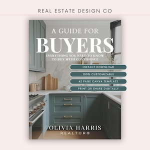 May include: A guide for buyers with the text "A GUIDE FOR BUYERS" in large white letters. The guide is set in a kitchen with teal cabinets and countertops. The guide is an instant download, 100% customizable, and a 42-page Canva template.