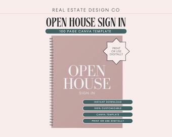 Offene Haus Sign-In Buch Vorlage, druckbare 100-seitige Canva Vorlage (digitaler Download)