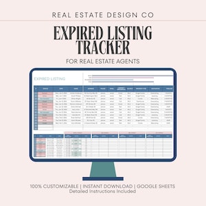 Puede incluir: Una pantalla de ordenador muestra una hoja de cálculo titulada "Expired Listing Tracker" para agentes inmobiliarios. La pantalla muestra filas de datos con encabezados como "Estado", "Fecha" y "Dirección". El texto en la parte superior dice "Real Estate Design Co". El texto inferior dice "100% Customizable".