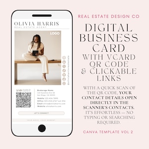Tarjeta de presentación digital con código QR y enlaces interactivos. ¡Abre directamente la página de contactos del destinatario! Plantilla de tarjeta de presentación inmobiliaria de Canva.