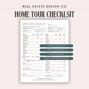 Może przedstawiać: Szablon listy kontrolnej wycieczki po domu z tekstem "HOME TOUR CHECKLIST" u góry. Lista kontrolna zawiera sekcje dotyczące cech zewnętrznych i wewnętrznych, z polami wyboru do oceny każdej cechy. Szablon jest oznaczony jako "NATYCHMIASTOWE POBIERANIE", "100% DOSTOSOWALNY" i "SZABLON CANVA".