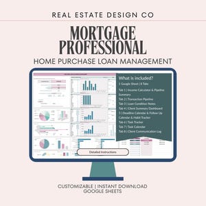 May include: A digital mortgage professional home purchase loan management template displayed on a computer monitor. The screen shows charts and graphs. Text includes "Mortgage Professional" and "Home Purchase Loan Management."