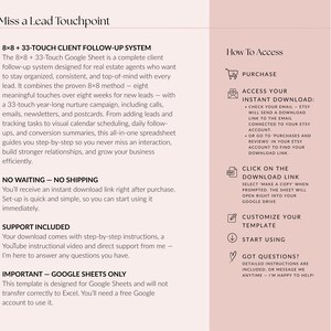 Op de afbeelding: Advertentie voor een digitaal product, een Google Sheet klant follow-up systeem voor makelaars, met de tekst "Never Miss a Lead Touchpoint". De afbeelding bevat ook instructies over hoe toegang te krijgen tot het product.