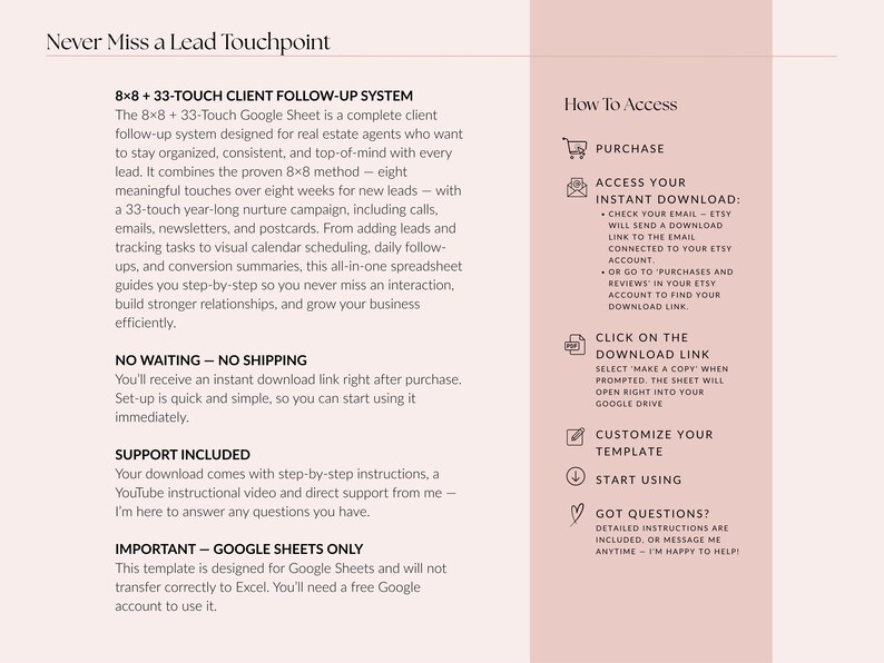 Op de afbeelding: Advertentie voor een digitaal product, een Google Sheet klant follow-up systeem voor makelaars, met de tekst "Never Miss a Lead Touchpoint". De afbeelding bevat ook instructies over hoe toegang te krijgen tot het product.