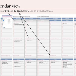 Op de afbeelding: Weergave van een digitale kalender met de tekst "Calendar View" bovenaan. De kalender toont een maandelijkse lay-out met dagelijkse kolommen en rijen voor planning. De tekst "See all your 8x8 and 33-touch follow-ups on a visual calendar" is ook zichtbaar.