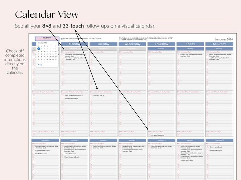 Op de afbeelding: Weergave van een digitale kalender met de tekst "Calendar View" bovenaan. De kalender toont een maandelijkse lay-out met dagelijkse kolommen en rijen voor planning. De tekst "See all your 8x8 and 33-touch follow-ups on a visual calendar" is ook zichtbaar.