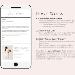 Puede incluir: Un tel&eacute;fono inteligente muestra una plantilla de correo electr&oacute;nico de un agente inmobiliario con el nombre "Olivia Harris". El correo electr&oacute;nico incluye una foto, datos de contacto y una secci&oacute;n titulada "How It Works" con instrucciones sobre c&oacute;mo personalizar formularios y rastrear consultas.