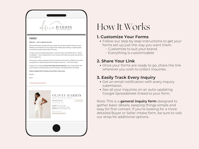 Puede incluir: Un tel&eacute;fono inteligente muestra una plantilla de correo electr&oacute;nico de un agente inmobiliario con el nombre "Olivia Harris". El correo electr&oacute;nico incluye una foto, datos de contacto y una secci&oacute;n titulada "How It Works" con instrucciones sobre c&oacute;mo personalizar formularios y rastrear consultas.