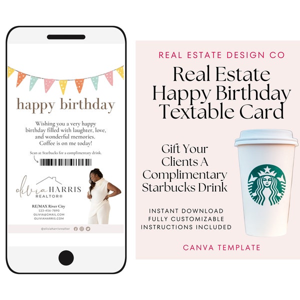Carte texte joyeux anniversaire avec cadeau Starbuck Modèle Canva pour agent immobilier Modèle d'entreprise pour message texte Code-barres pour agent immobilier