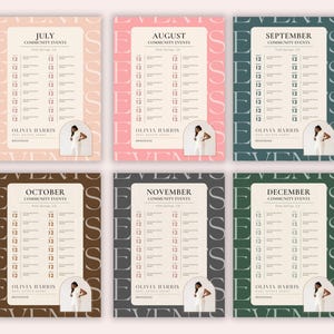 May include: A collection of six event calendar designs for July, August, September, October, November, and December. Each calendar features a woman in a white outfit, event dates, and the name Olivia Harris. The backgrounds are in various colors.