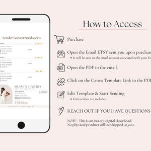 Op de afbeelding: Een smartphone toont de contactgegevens van een makelaar en een handleiding voor toegang tot een digitale download. De instructies omvatten aankoop, e-mail openen, PDF openen en een sjabloon bewerken.