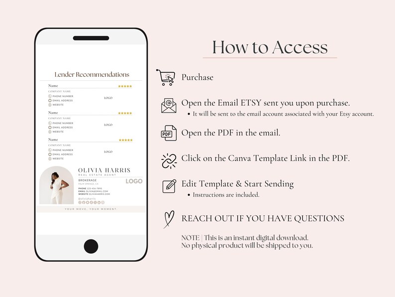 Op de afbeelding: Een smartphone toont de contactgegevens van een makelaar en een handleiding voor toegang tot een digitale download. De instructies omvatten aankoop, e-mail openen, PDF openen en een sjabloon bewerken.