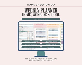 Weekly Digital Planner: Google Sheets Calendar, Habit & Task Tracker, Home, Work, School (Digital Download)