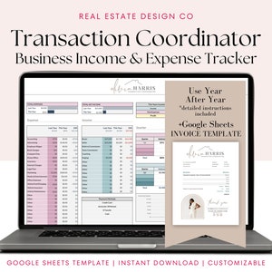 Transaction Coordinator Business Income & Expense Bookkeeping Google Sheets Spreadsheet, Sales Tracker, Expense Tracker, Invoice Template
