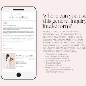 Puede incluir: Un smartphone muestra un formulario de consulta inmobiliaria. El formulario incluye el logotipo de Olivia Harris Real Estate Agent, informaci&oacute;n de contacto y una foto. El texto a la derecha explica d&oacute;nde usar el formulario para la captaci&oacute;n de clientes potenciales.
