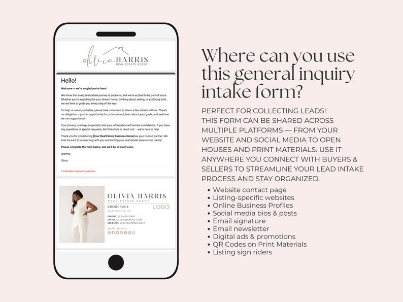 Puede incluir: Un smartphone muestra un formulario de consulta inmobiliaria. El formulario incluye el logotipo de Olivia Harris Real Estate Agent, informaci&oacute;n de contacto y una foto. El texto a la derecha explica d&oacute;nde usar el formulario para la captaci&oacute;n de clientes potenciales.
