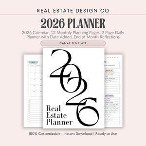 Planner 2026 per agenti immobiliari, strumenti aziendali, modello Canva, appuntamenti, scadenze, tracker delle abitudini, checklist delle attività, affermazioni di gratitudine