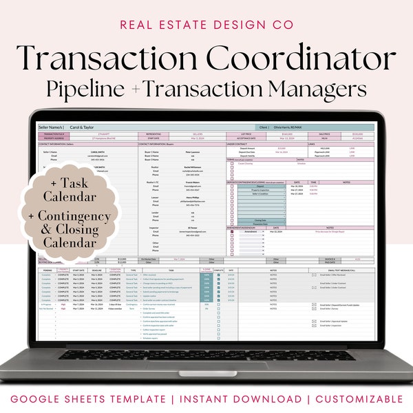 Real Estate Transaction Management System with Pipeline, Task Calendar, Contingency and Closing Calendar, Google Sheets Template Spreadsheet