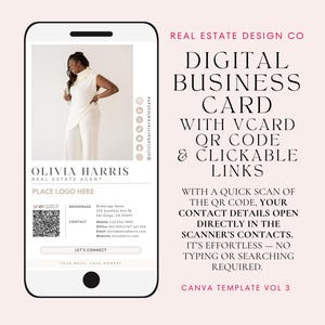 Tarjeta de presentación digital con código QR y enlaces interactivos. ¡El código QR escaneado se abre directamente en la lista de contactos del destinatario! Tarjeta de presentación inmobiliaria de Canva.