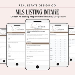 Könnte beinhalten: Eine digitale MLS-Immobilien-Aufnahmeformular-Vorlage für Immobilienprofis, dargestellt auf mehreren Smartphone-Bildschirmen. Die Benutzeroberfläche zeigt das Logo von Olivia Harris Real Estate, Textfelder für Verkäuferdaten und Auswahlkästchen.