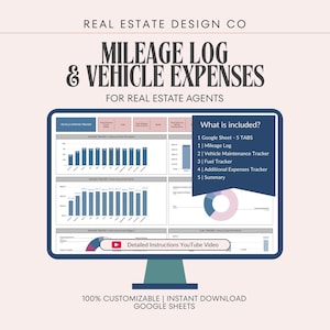 Real Estate Vehicle Expense Tracker, Mileage Log, Google Sheets, Tax Claim, Small Business Spreadsheet