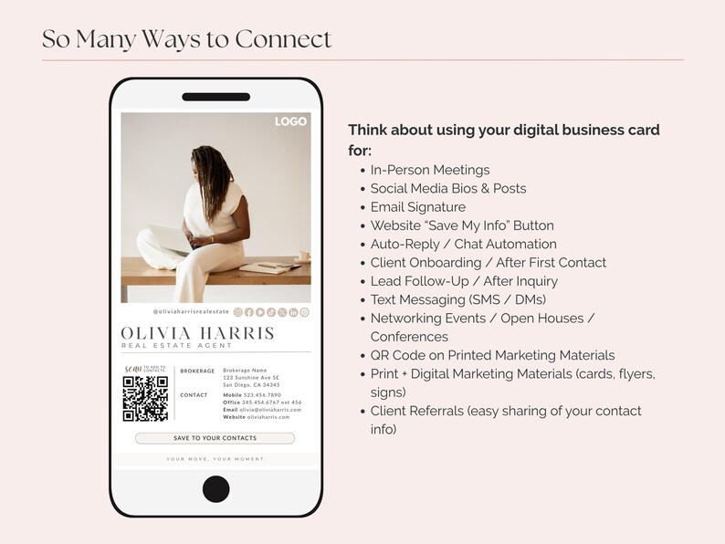 Mall för digitala visitkort för fastigheter i Canva med QR-kod och klickbara länkar bild 7
