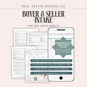 Op de afbeelding: Afbeelding met onroerend goed intakeformulieren en een smartphone-mockup. De formulieren bevatten sjablonen voor kopers- en verkopersintake, met de tekst "BUYER & SELLER INTAKE FOR REAL ESTATE AGENTS." De smartphone toont een formulier met de tekst "Streamline Your Client Intake Process."