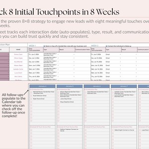 Op de afbeelding: Een digitale spreadsheet met de titel "Track 8 Initial Touchpoints in 8 Weeks" met een roze en wit kleurenschema. De spreadsheet is ontworpen om interacties met potenti&euml;le leads over acht weken bij te houden.