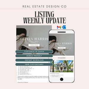 Peut inclure: Un modèle numérique pour une mise à jour hebdomadaire de fiche immobilière avec le texte REAL ESTATE DESIGN CO, LISTING WEEKLY UPDATE et OLIVIA HARRIS REALTORS. Le design inclut des boutons CUSTOMIZE IN CANVA, MOBILE FRIENDLY, INSTANT DOWNLOAD et 100% CUSTOMIZABLE.