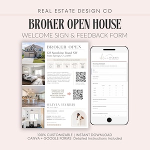 Real Estate Broker Open House Welcome Sign & Feedback Form (QR Codes, Canva Template)