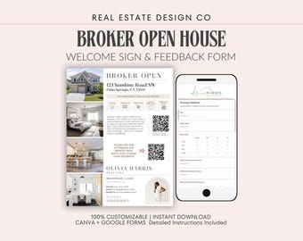 Real Estate Broker Open House Welcome Sign & Feedback Form (QR Codes, Canva Template)