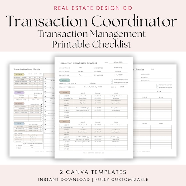Transaction Coordinator Checklist Canva Template Real Estate Transaction Management Tracker Buyer & Seller Task Manager Printable Template
