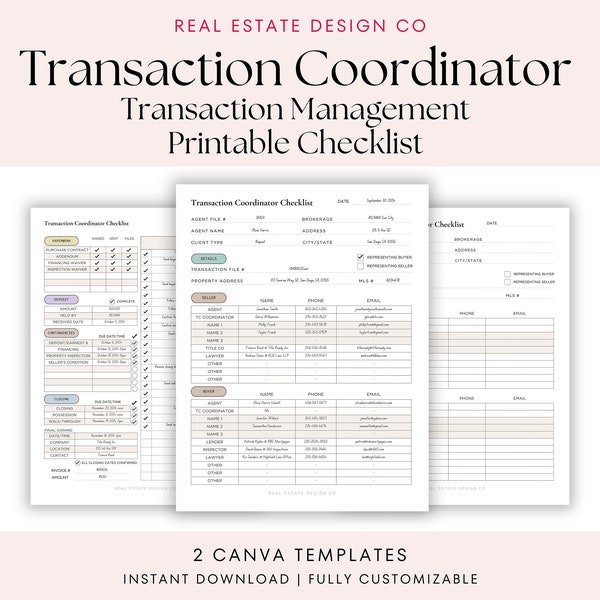 Transaction Coordinator Checklist Canva Template Real Estate Transaction Management Tracker Buyer & Seller Task Manager Printable Template