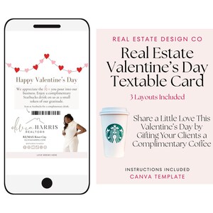 Bonne Saint-Valentin Carte de café textable Modèle de toile pour l'immobilier Modèle d'entreprise de marketing de message texte Carte-cadeau d'agent de codes-barres