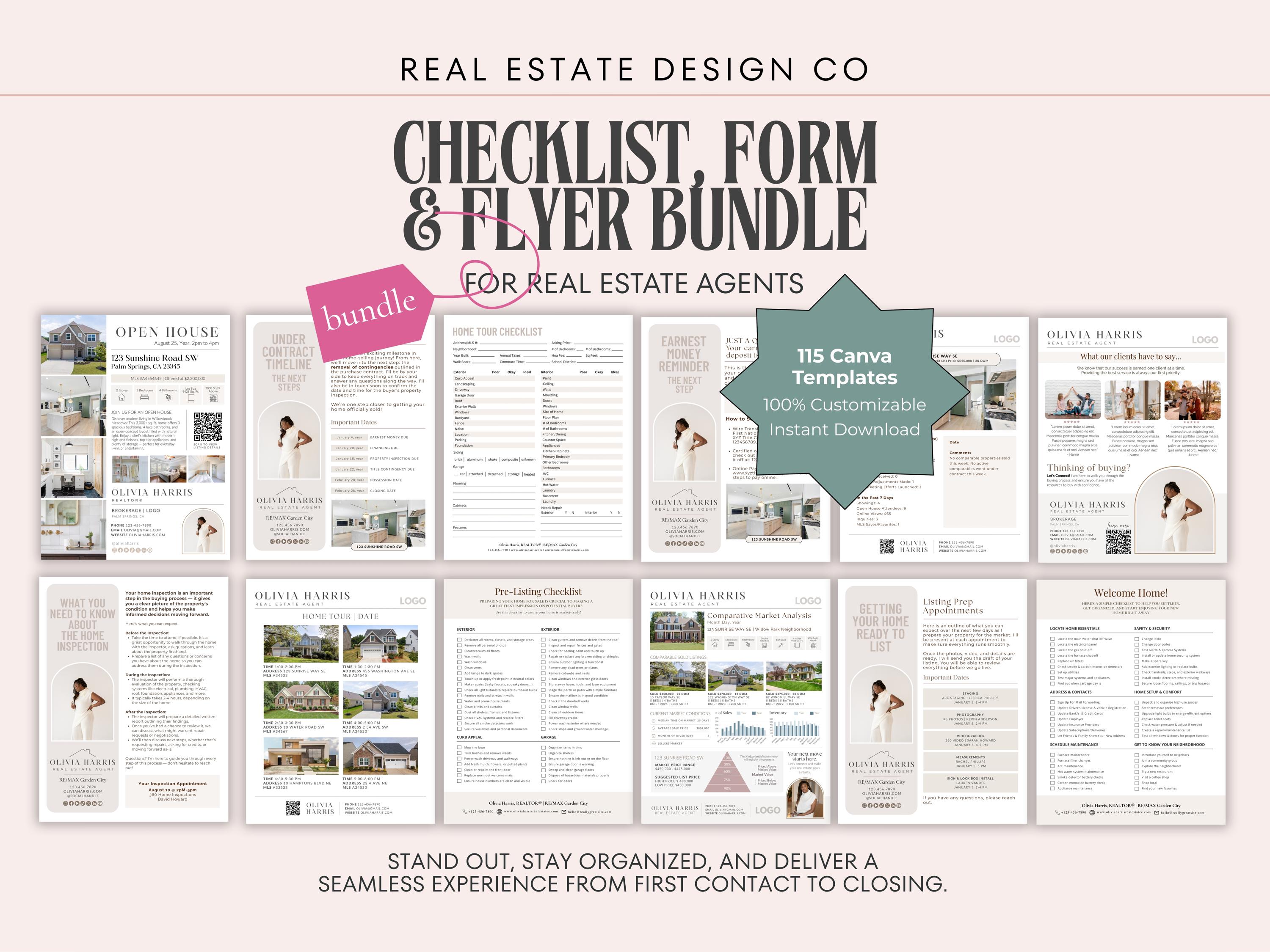 Real Estate Checklist, Form & Flyer Bundle | Canva Templates, Realtor ...