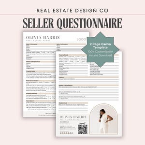 May include: A two-page seller questionnaire template with the text "SELLER QUESTIONNAIRE" and "OLIVIA HARRIS REAL ESTATE AGENT". The template is customizable and available for instant download. A green star-shaped graphic reads "2 Page Canva Template 100% Customizable Instant Download".