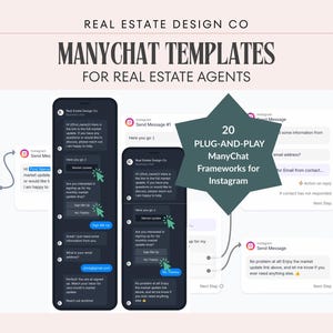 Puede incluir: Un gráfico de marketing digital para agentes inmobiliarios. La imagen presenta dos teléfonos inteligentes que muestran plantillas ManyChat para Instagram. El gráfico incluye el texto "20 Plug-and-Play ManyChat Frameworks for Instagram."