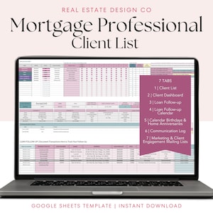 Mortgage Professional Client List Google Sheets Template Client Tracker Follow-up Calendar Marketing Mailing Lists Loan Tracker Real Estate