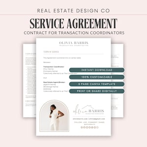 Plantilla de contrato de servicios de coordinador de transacciones inmobiliarias: Contrato de coordinador de transacciones inmobiliarias editable (Canva, descarga digital)